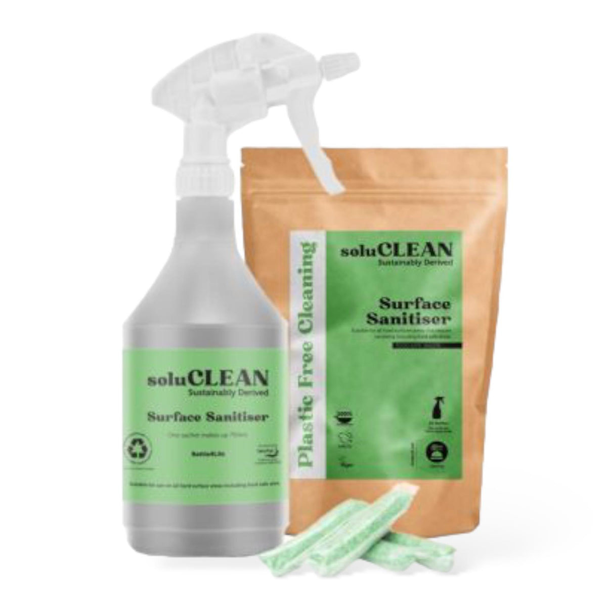 Soluclean, Starter Kit, Surface Sanitiser, 750ml Reuable Trigger Spray Bottle and One Packet of 10 Sachets, Plastic Free Cleaning
