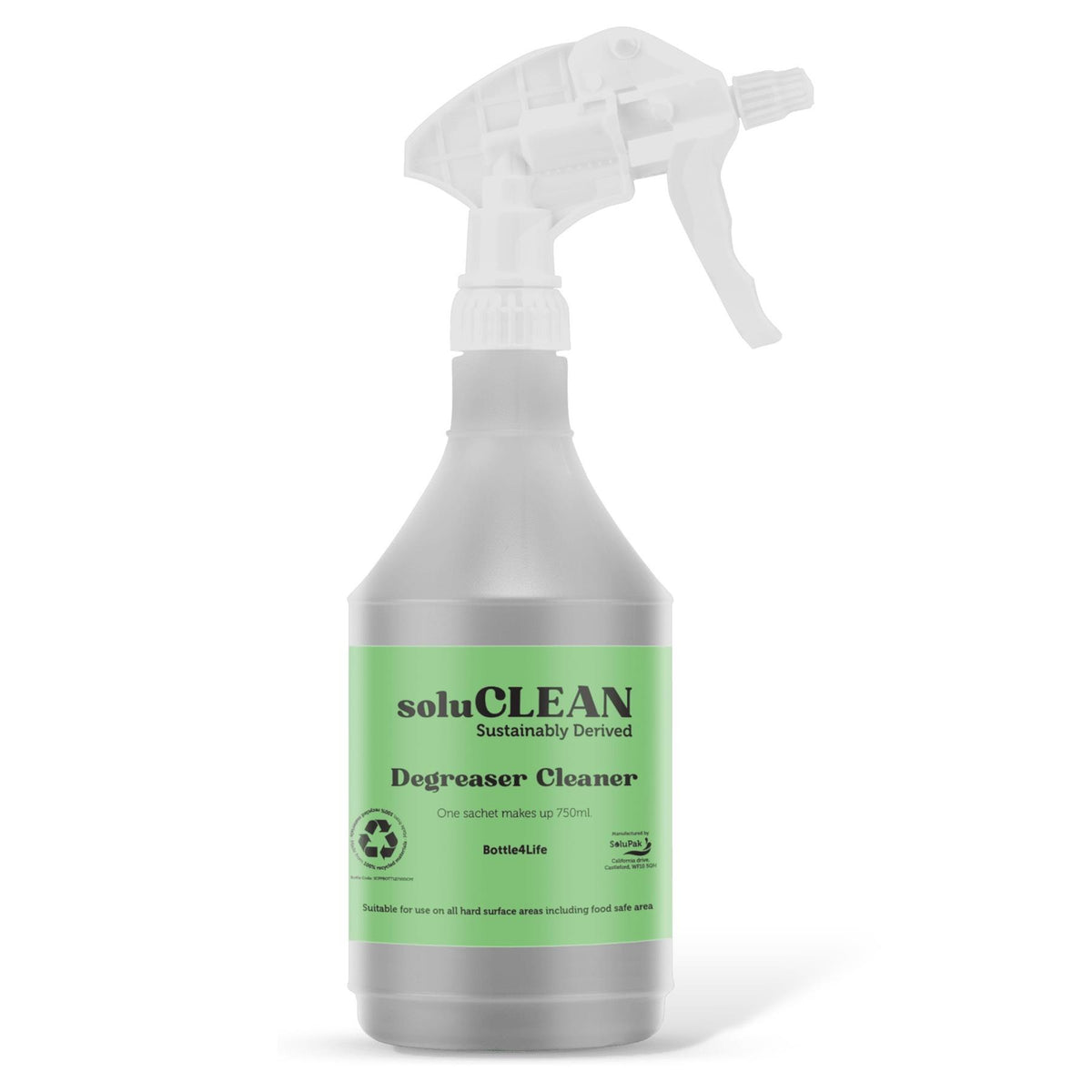 Soluclean, Degreaser Cleaner, 750ml Empty Trigger Spray Bottle for HouseHold Cleaning, Made from 100% Recycled Materials