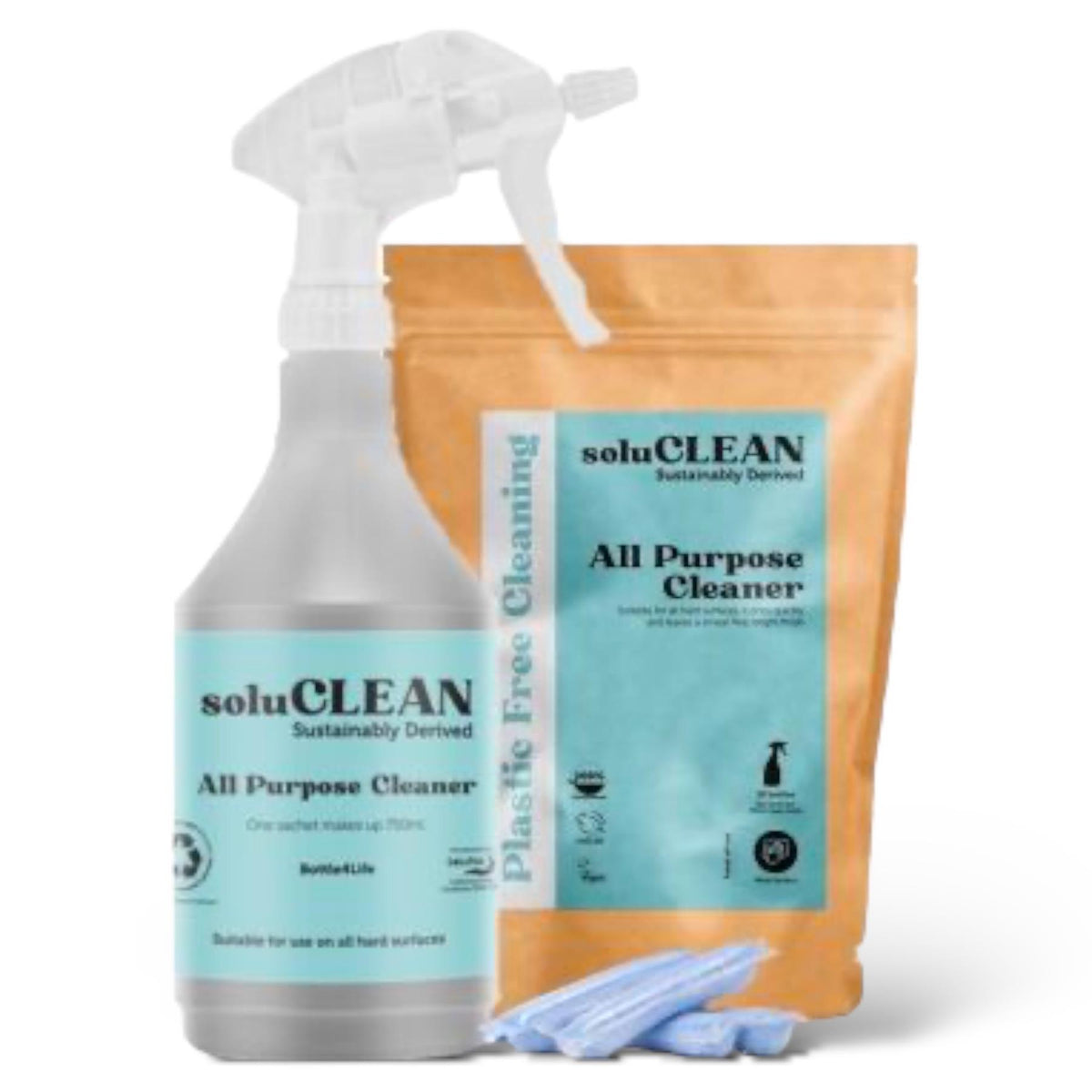 Soluclean, Starter Kit, All Purpose Cleaner, 750ml Reusable Trigger Spray Bottle and One Packet of 10 Sachets, Plastic Free Cleaning