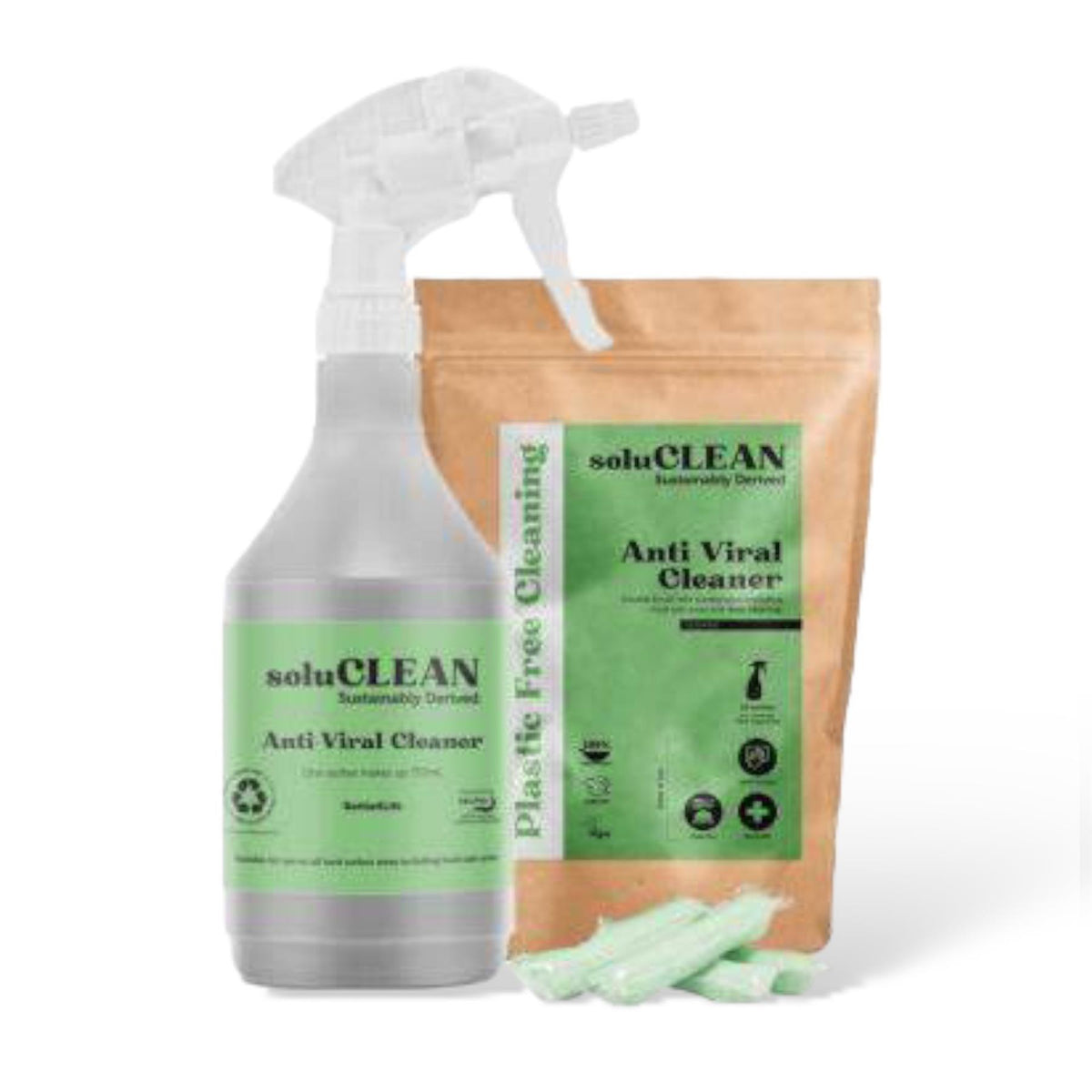 Soluclean, Starter Kit, Anti-Viral Cleaner, 750ml Reusable trigger Spray Bottle and One Packet of 10 Sachets, Plastic Free Cleaning