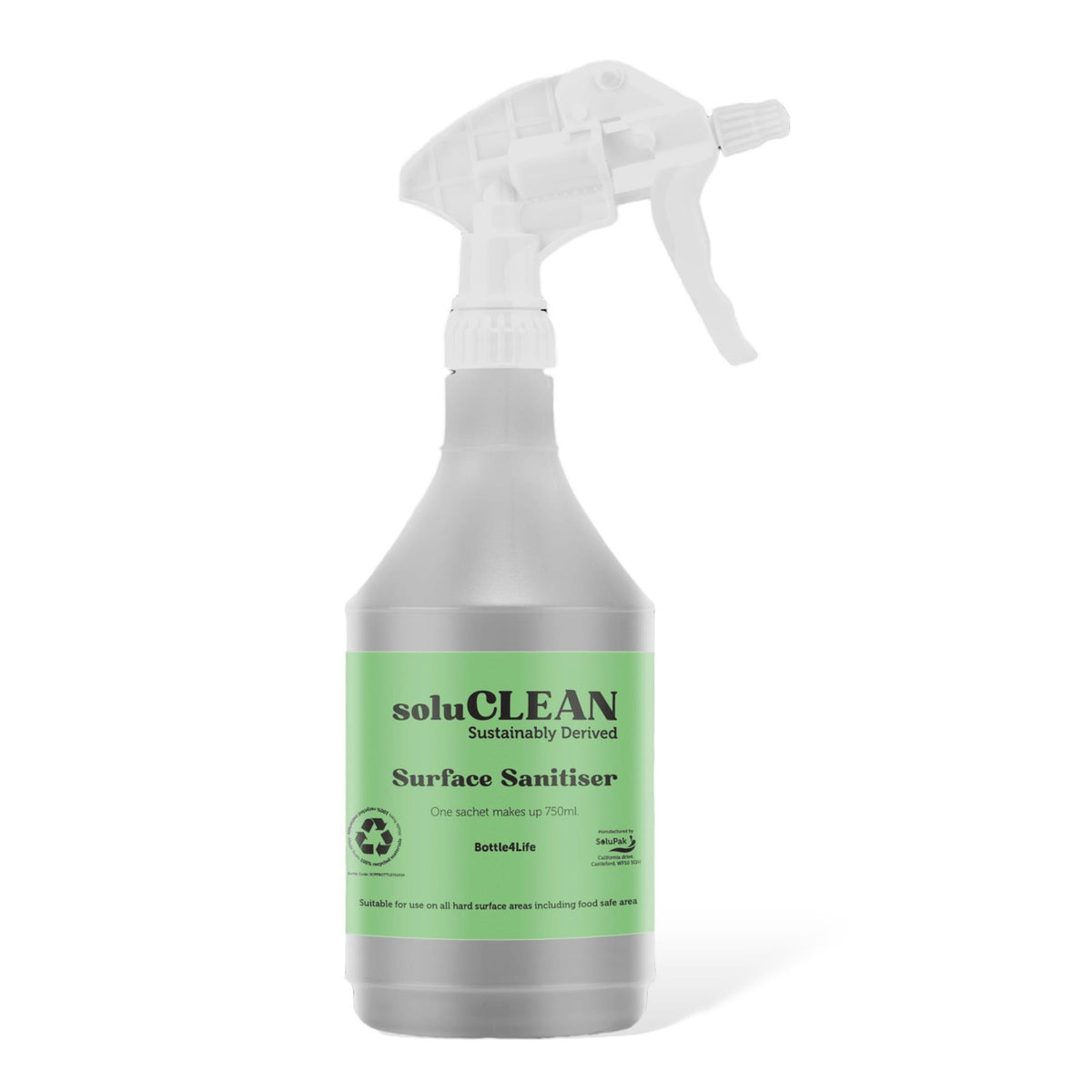 Soluclean, Surface Sanitiser, 750ml Empty Trigger Spray Bottle for HouseHold Cleaning, Made from 100% Recycled Materials