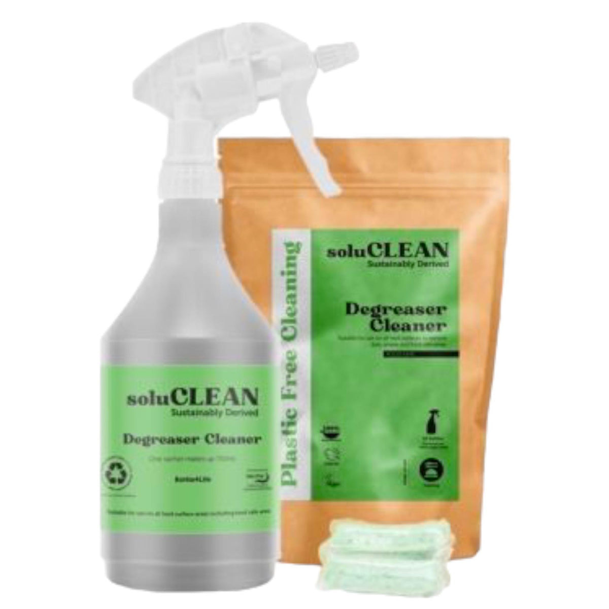 Soluclean, Starter Kit, Degreaser Cleaner, 750ml Reusable Trigger Spray Bottle and One Packet of 10 Sachets, Plastic Free Cleaning