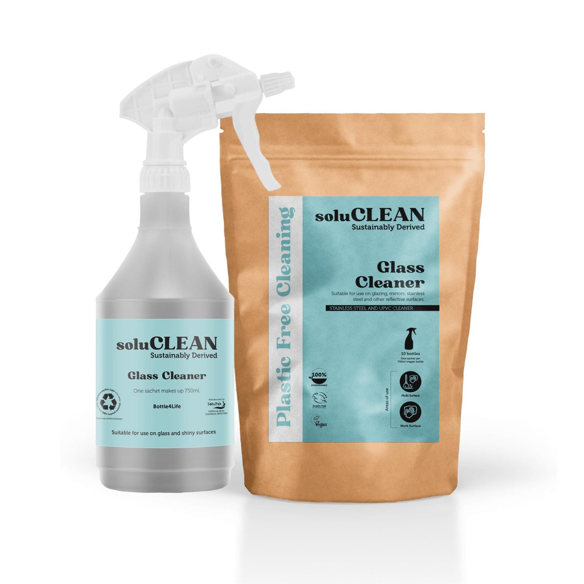 Soluclean, Starter Kit, Glass Cleaner, 750ml Reusable Trigger Spray Bottle and One Packet of 10 Sachets, Plastic Free Cleaning