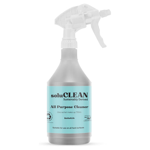 Soluclean, Starter Kit, All Purpose Cleaner, 750ml Reusable Trigger Spray Bottle and One Packet of 10 Sachets, Plastic Free Cleaning