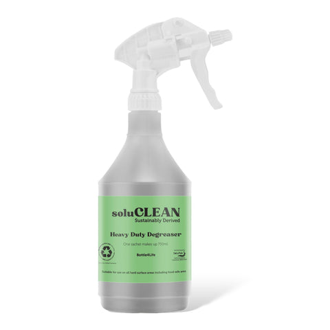 Soluclean, Starter Kit, Heavy Duty Degreaser, 750ml Reusable trigger Spray Bottle and One Packet of 10 Sachets, Plastic Free Cleaning