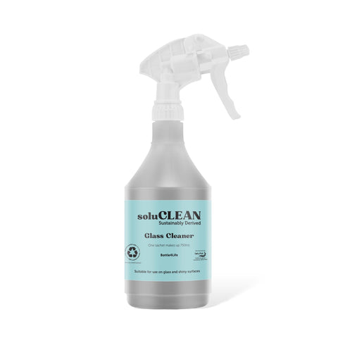 Soluclean, Starter Kit, Glass Cleaner, 750ml Reusable Trigger Spray Bottle and One Packet of 10 Sachets, Plastic Free Cleaning
