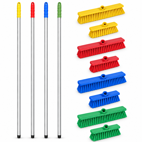 Colour Coded Screw-Fit Broom Set - 125cm Aluminium Handle with 23/30/45cm Brush Head - Soft & Stiff - Green, Red, Yellow & Blue