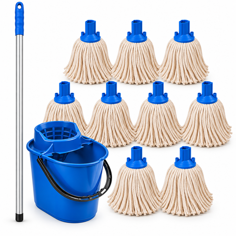 Exel Cotton Mop Cleaning Kit – 10 Mop Heads, 125cm Aluminium Handle & Wringer Bucket – Colour Coded Commercial Floor Cleaning Set