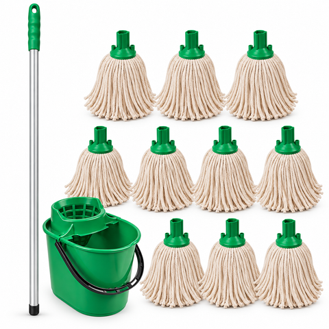 Exel Cotton Mop Cleaning Kit – 10 Mop Heads, 125cm Aluminium Handle & Wringer Bucket – Colour Coded Commercial Floor Cleaning Set