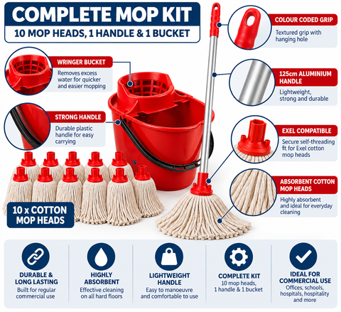 Exel Cotton Mop Cleaning Kit – 10 Mop Heads, 125cm Aluminium Handle & Wringer Bucket – Colour Coded Commercial Floor Cleaning Set
