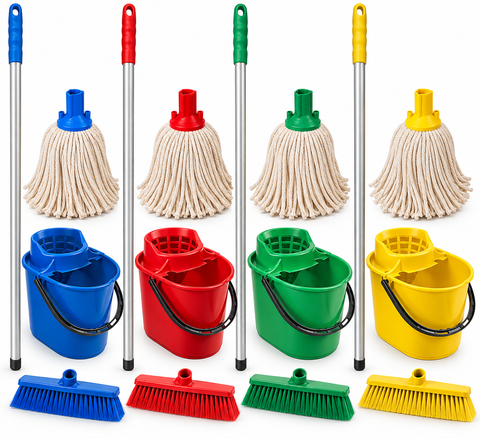 Exel Cotton Mop Cleaning Kit – 10 Mop Heads, 125cm Aluminium Handle & Wringer Bucket – Colour Coded Commercial Floor Cleaning Set