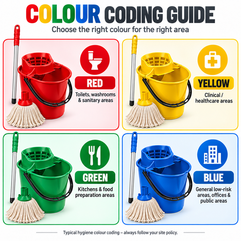 Exel Cotton Mop Cleaning Kit – 10 Mop Heads, 125cm Aluminium Handle & Wringer Bucket – Colour Coded Commercial Floor Cleaning Set