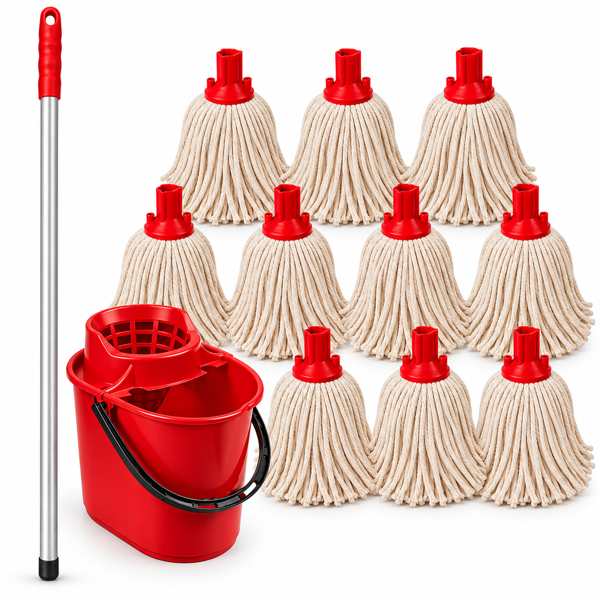 Exel Cotton Mop Cleaning Kit – 10 Mop Heads, 125cm Aluminium Handle & Wringer Bucket – Colour Coded Commercial Floor Cleaning Set
