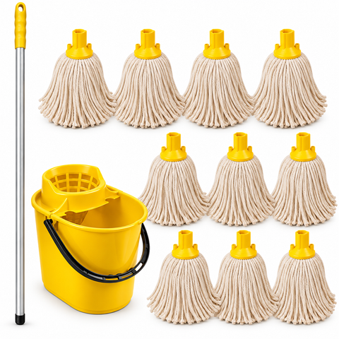 Exel Cotton Mop Cleaning Kit – 10 Mop Heads, 125cm Aluminium Handle & Wringer Bucket – Colour Coded Commercial Floor Cleaning Set