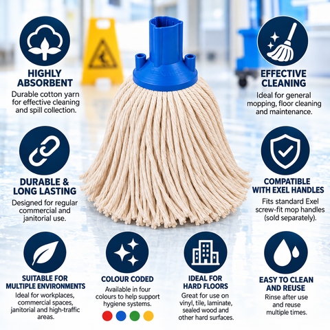 Exel Cotton Mop Head - Colour Coded Professional Screw-Fit Mop Head - Red, Blue, Green & Yellow