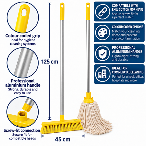 Colour Coded Aluminium Handle – Professional Screw-Fit Handle for Mops & Brushes - Green, Red, Blue & Yellow