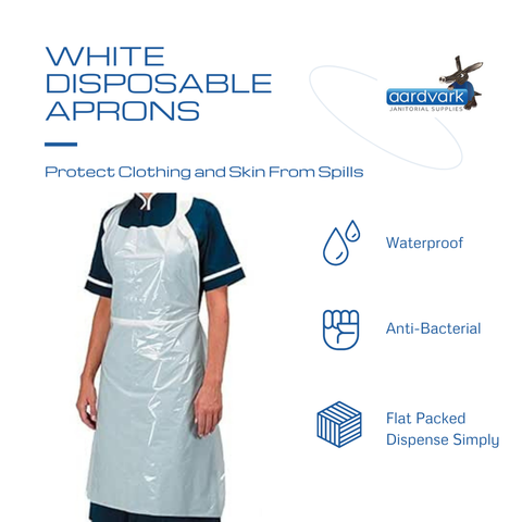 1000 Disposable White Aprons, Flat Packed (10 Packs of 100 White Aprons)